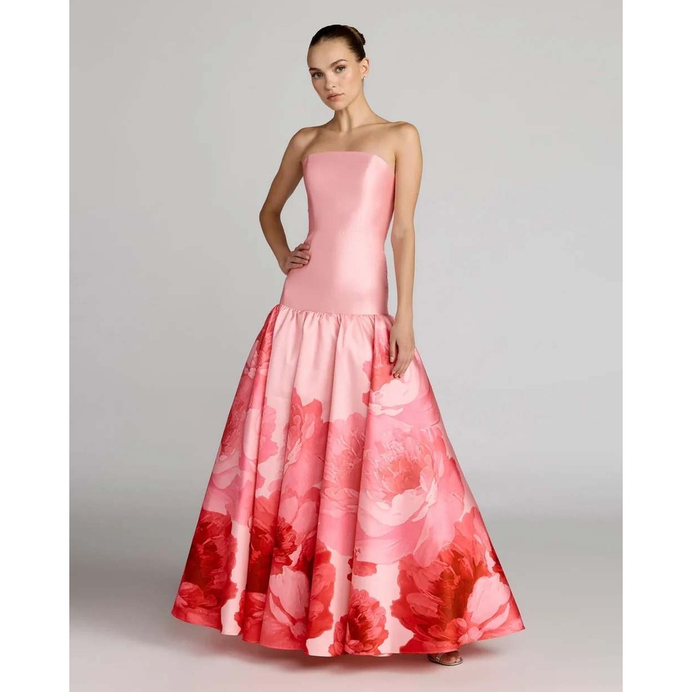 NWT Mac Duggal Pink Printed Mikado Strapless Drop Waist Ball Gown $598 - Size 8